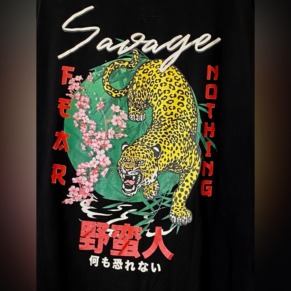 Fresh Laundry Savage Fear Nothing Long Sleeve Black Tee Shirt Leopard Graphic XL - Picture 4 of 4